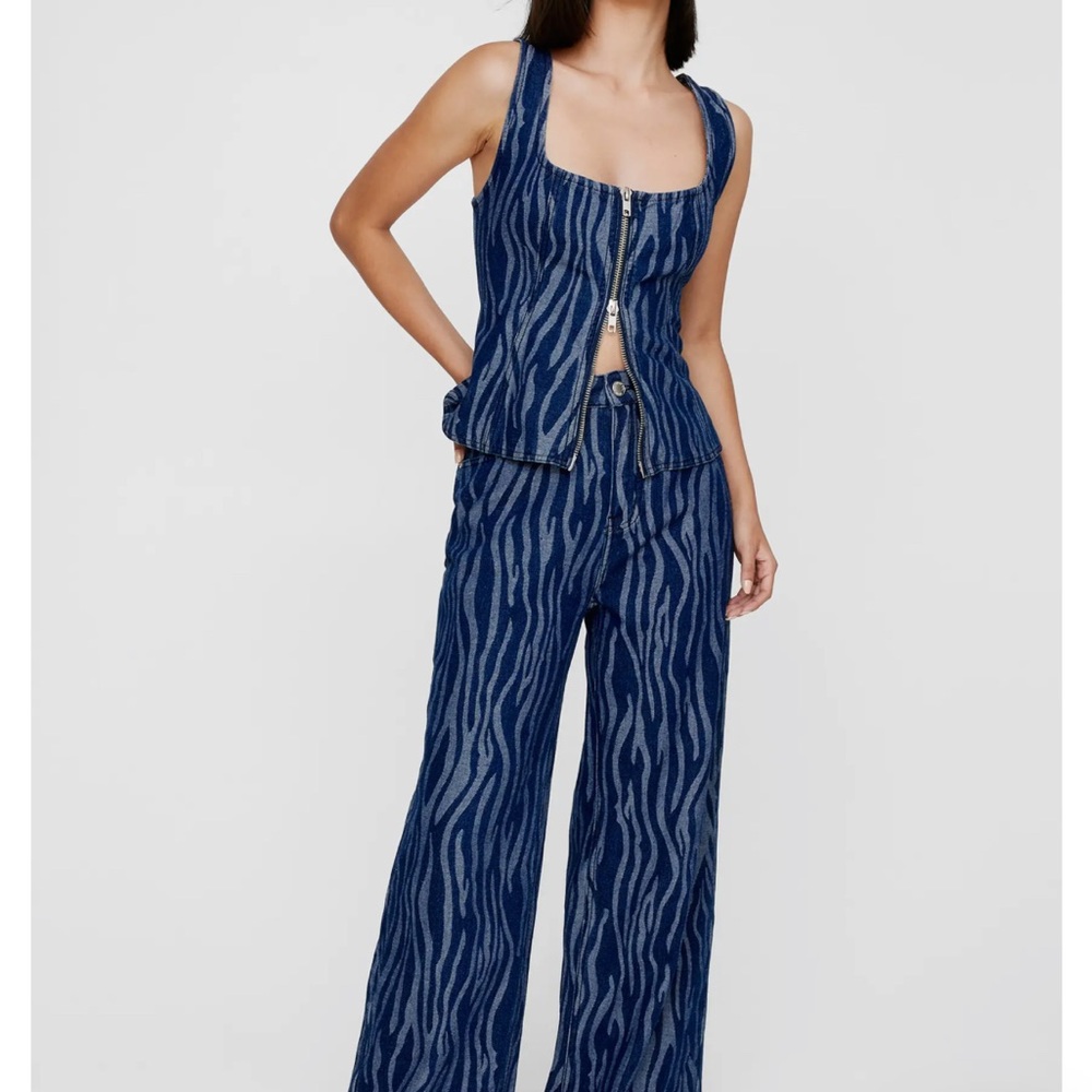Nasty Gal Zebra Print Denim Wide Leg Pant Set 14